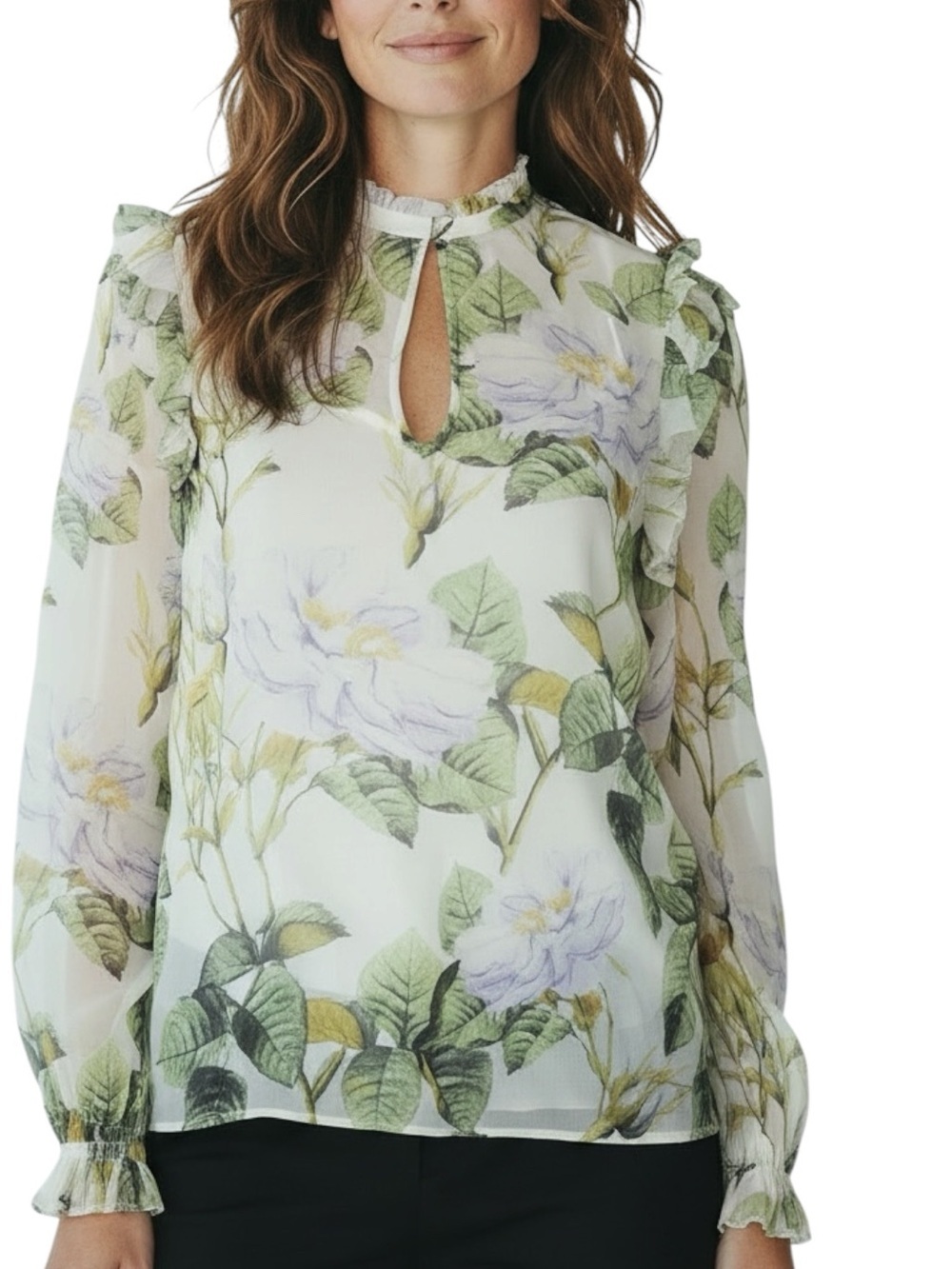 NWT WHITE HOUSE BLACK MARKET Ecru Floral Long Sheer Sleeve Blouse Size Large